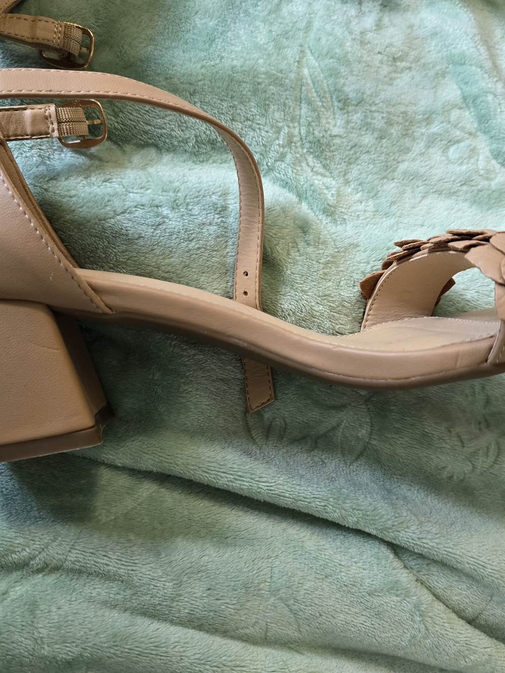 Neutral Floral Ankle-Strap Block Heels in Beige - Picture 5 of 11